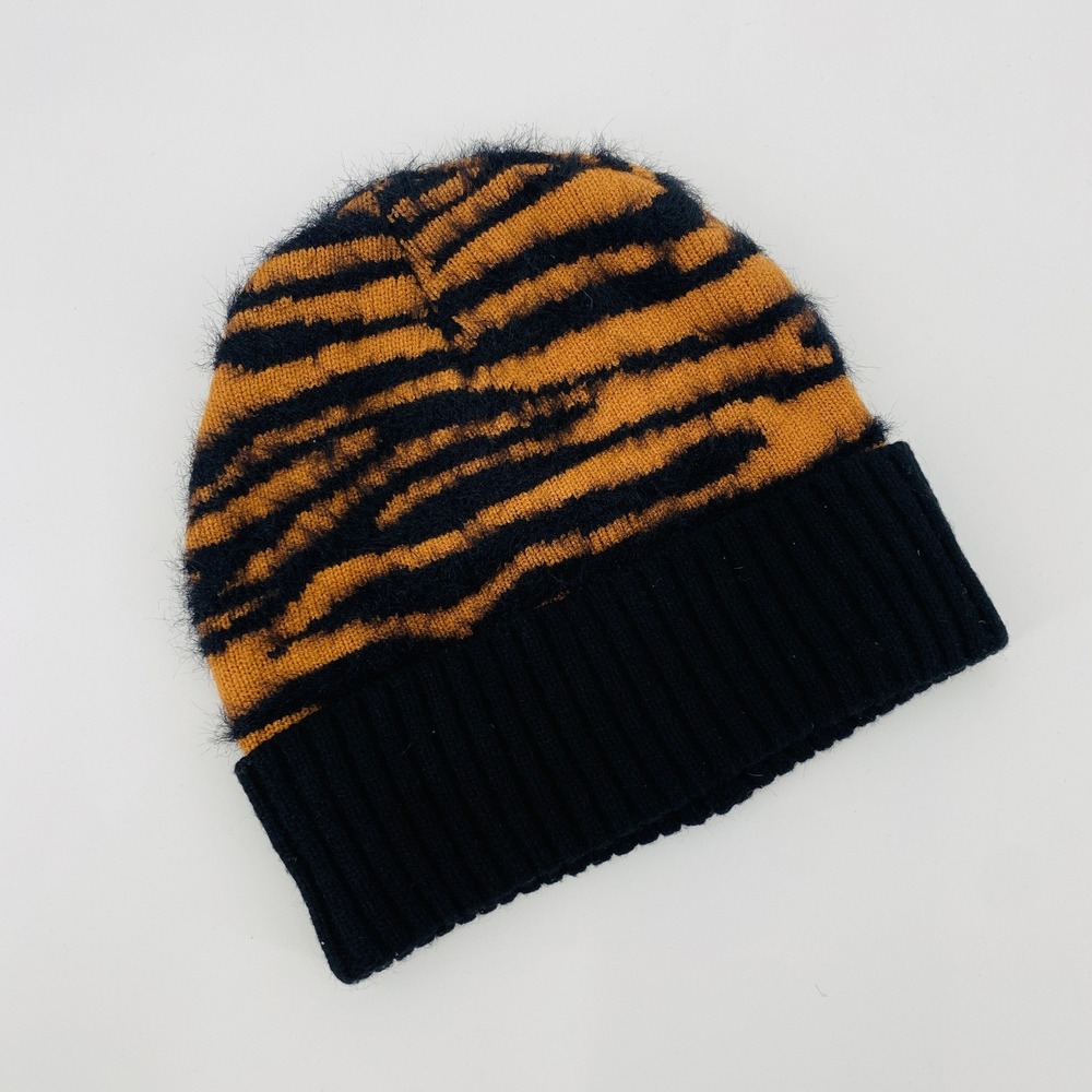 Topshop Beanie Women One Size Orange Black Tiger Stripe Fuzzy Knit Winter Hat